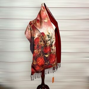 NWT ACACIA LEAVES Silk Evening Wrap Shawl Scarf Roses Maroon Brushed Silk Lining